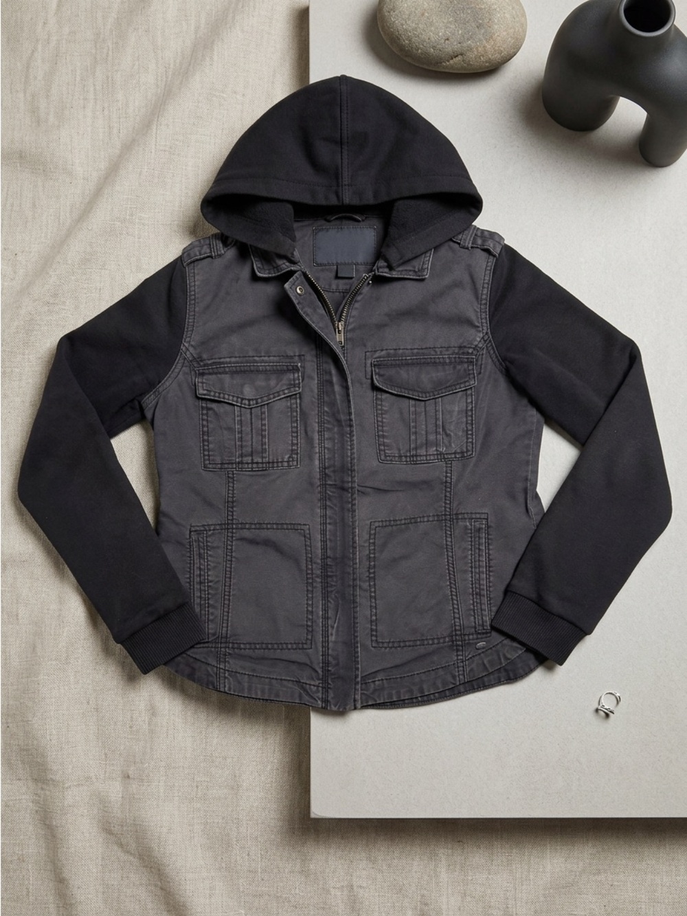 American Eagle Vintage Military Denim Jacket Removable Hood Grey Canvas Small